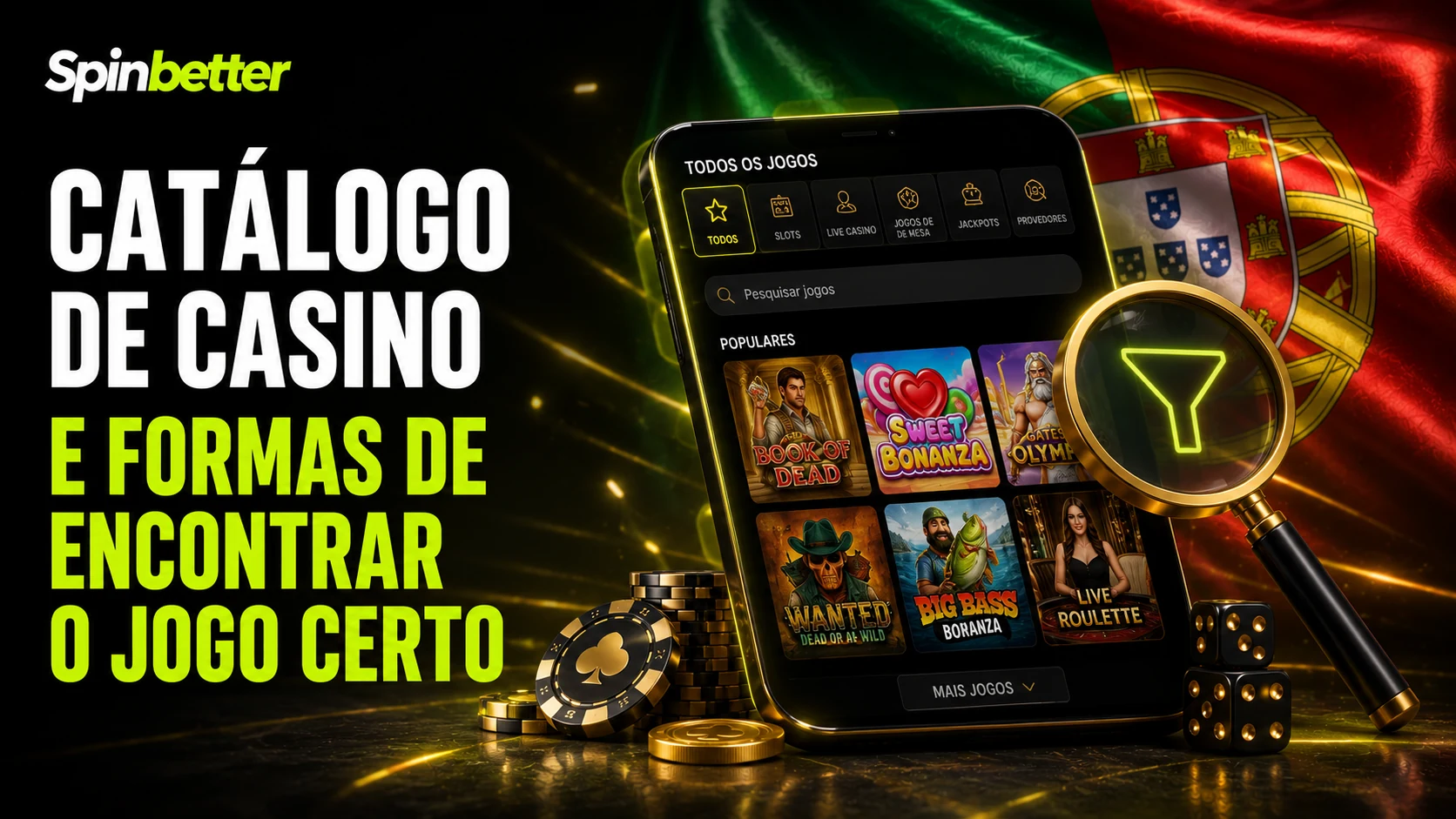 Catálogo do casino SpinBetter com filtros por categoria e fornecedor